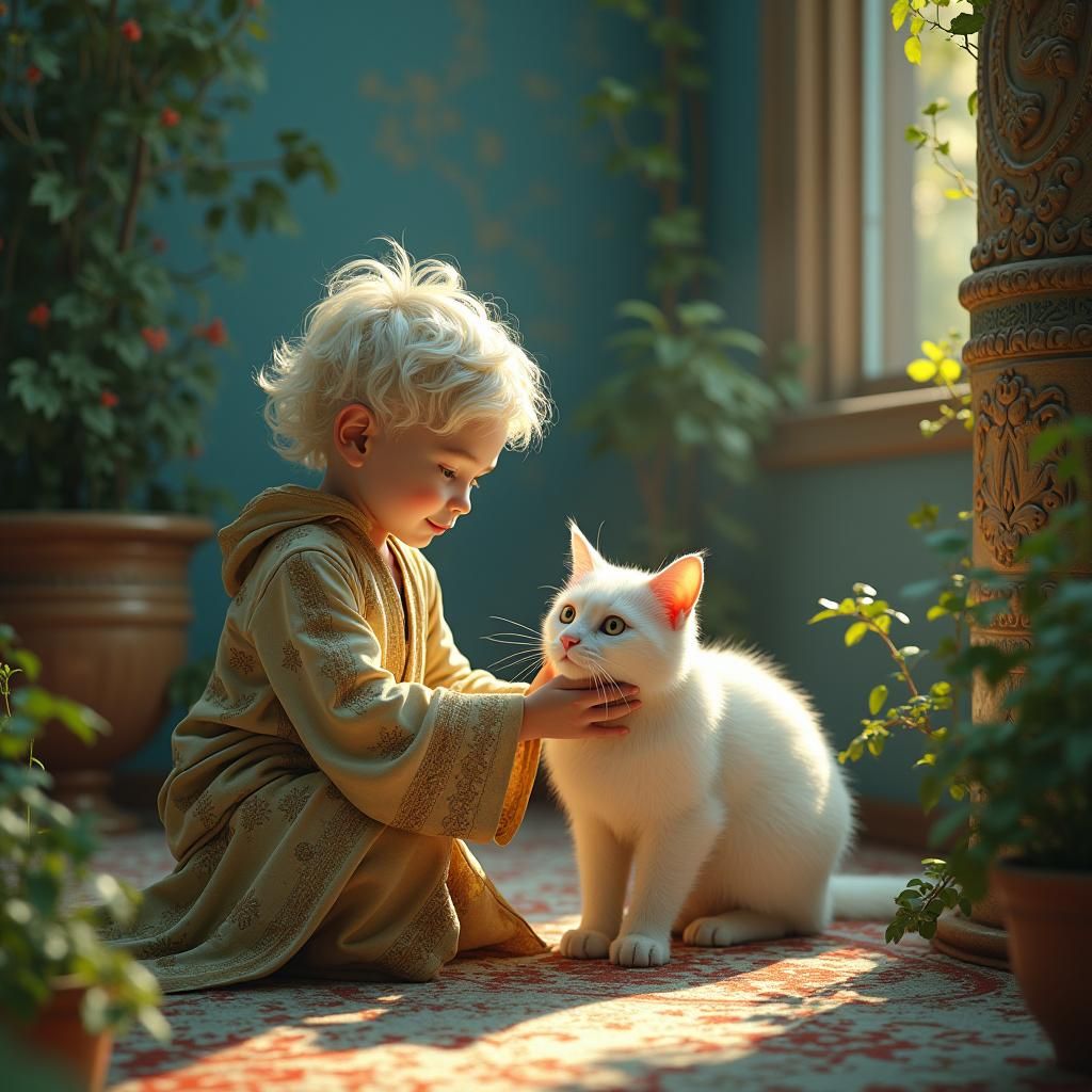 Child and Ethereal Cat in Ornate Room
