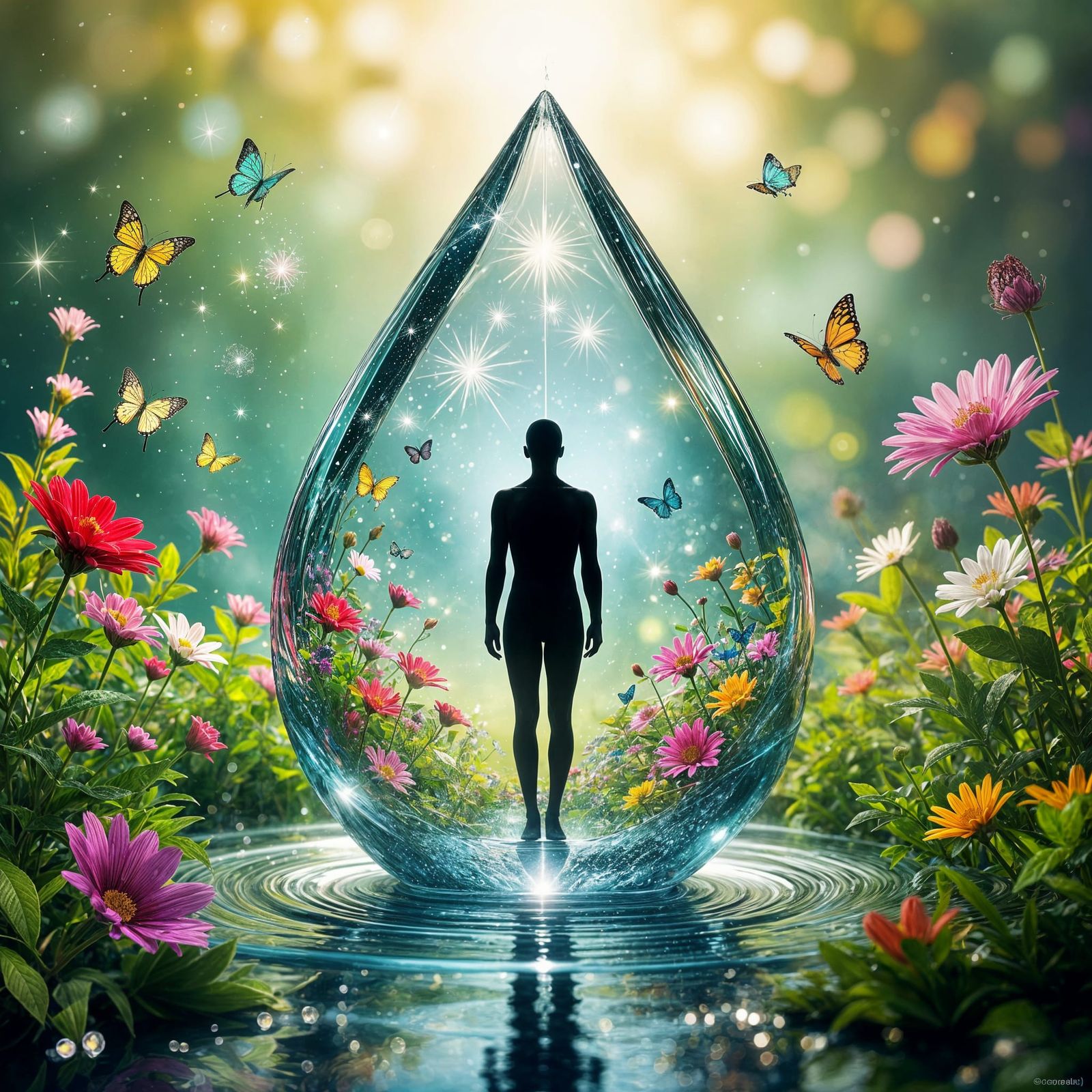 Surreal Water Droplet with Black Silhouette & Vibrant Life