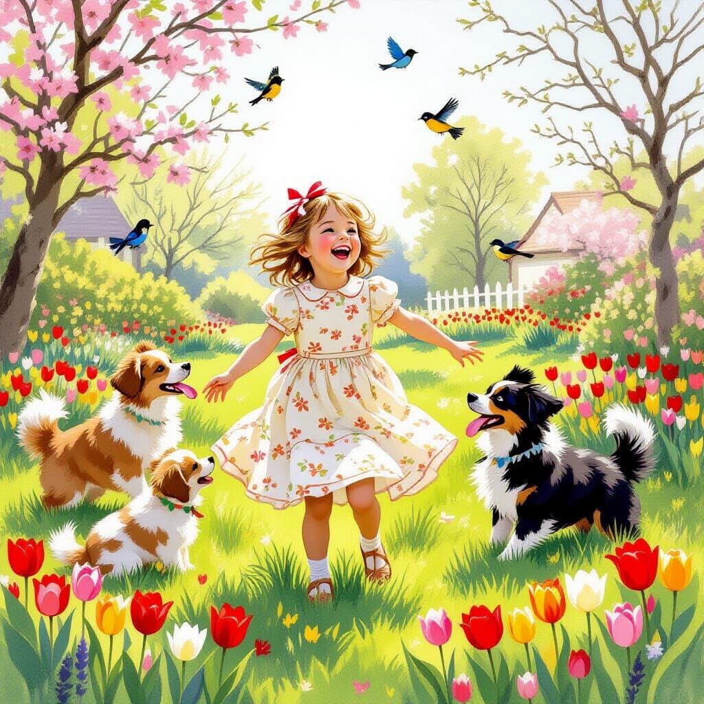 Girl and Dogs in Spring Garden
