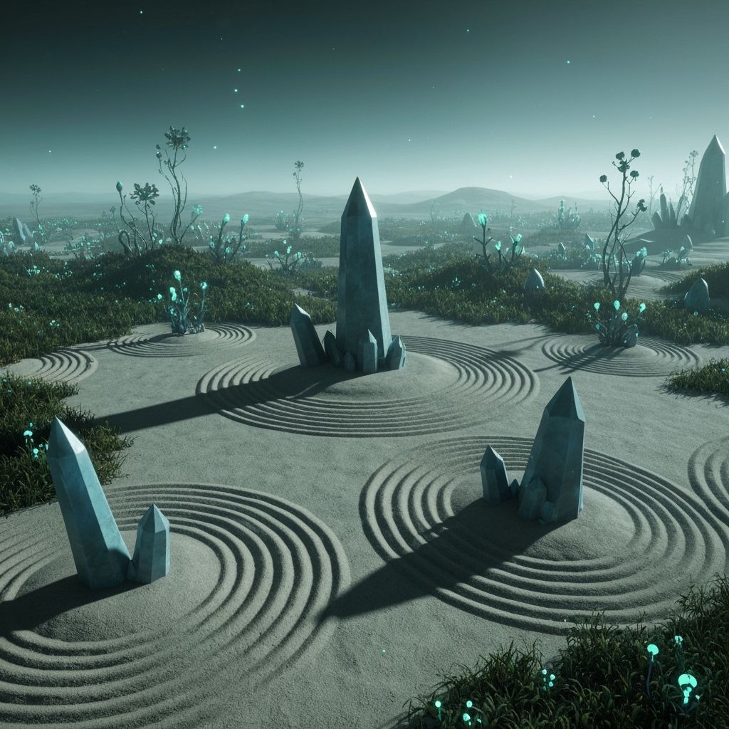 Alien Zen Garden with Crystal Formations in Sci-Fi Style