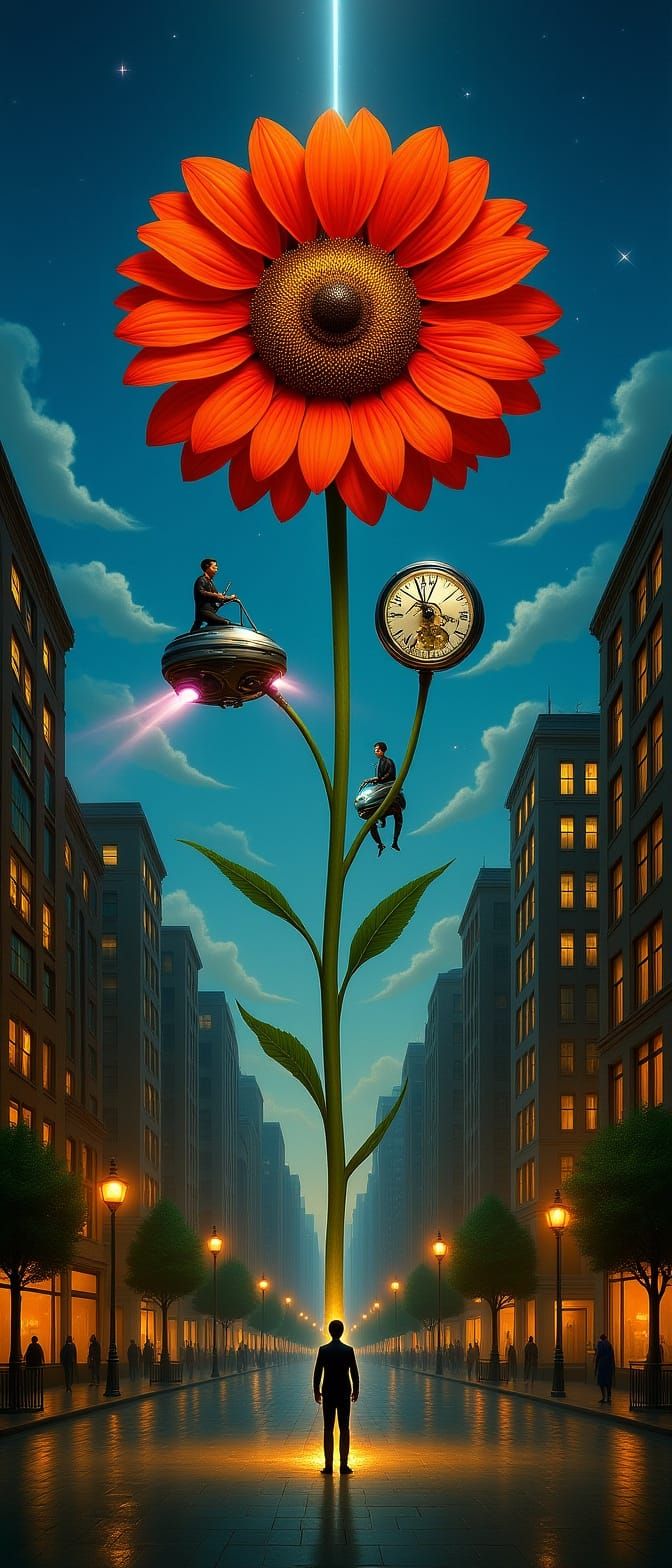 Surreal Clockwork Poppy Blooms in Retro-Futuristic City
