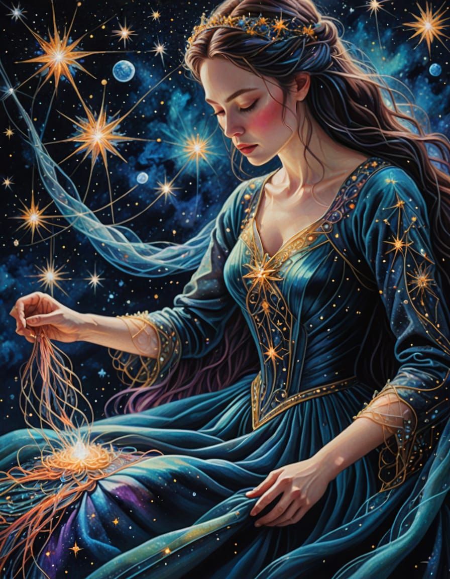 Celestial Seamstress Weaving Gowns from Nebulae and Starligh...