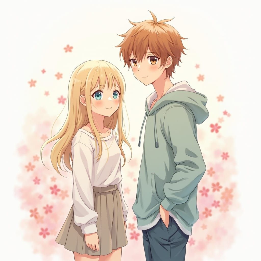 Anime Art of Gentle Couple in Soft Cherry Blossom Landscape