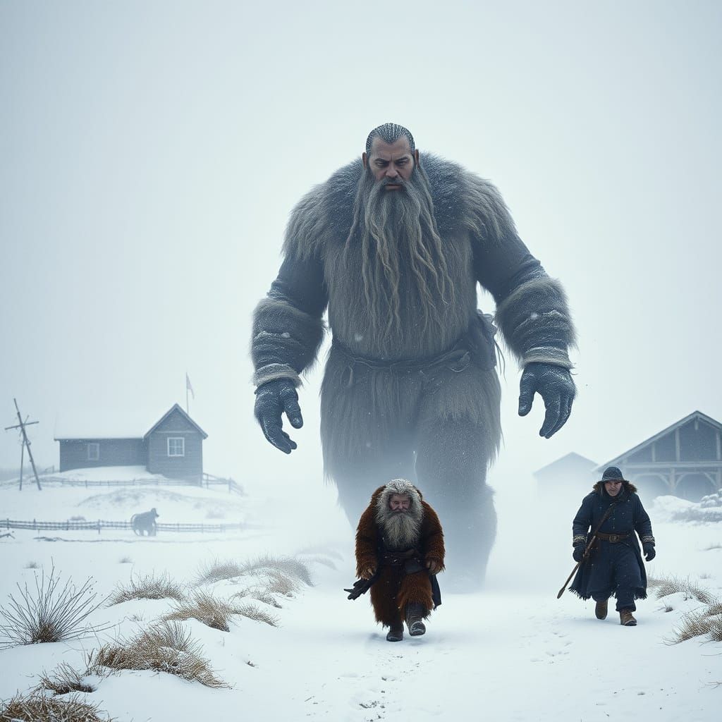 Norse Giant Approaches 1920s Dustbowl Village in Blizzard