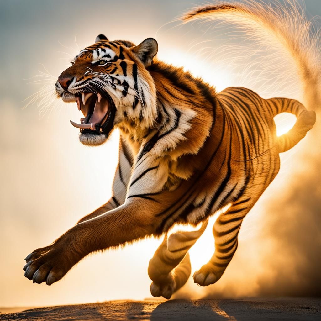 Ferocious Tiger Mid-Pounce in Bullet Time Photography
