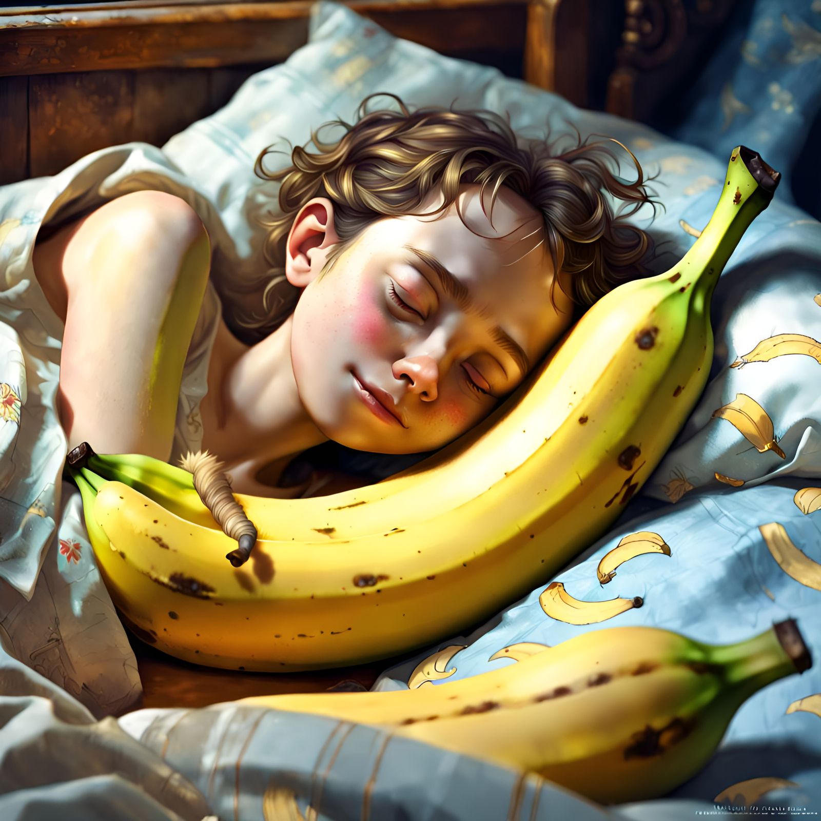 Adorable Sleeping Banana Portrait, Digital Illustration