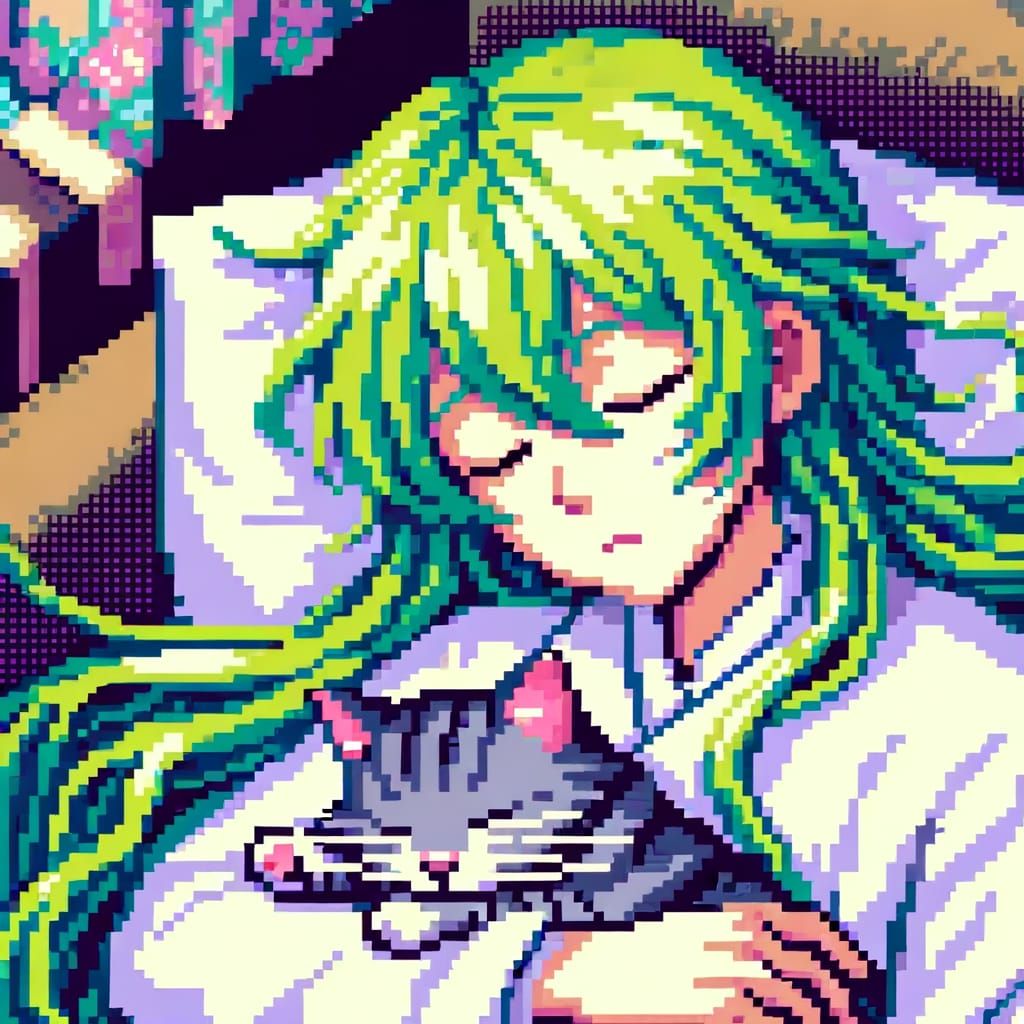 Anime Girl in Comforting Slumber with Sleeping Cat