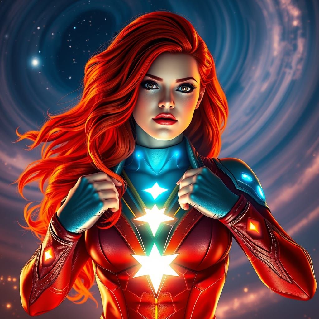 Starfire in Costume: Fiery Hair & Cosmic Skies