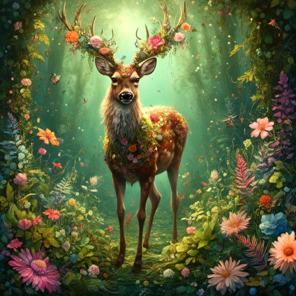 Deer in Sunlit Forest Glade with Flowers