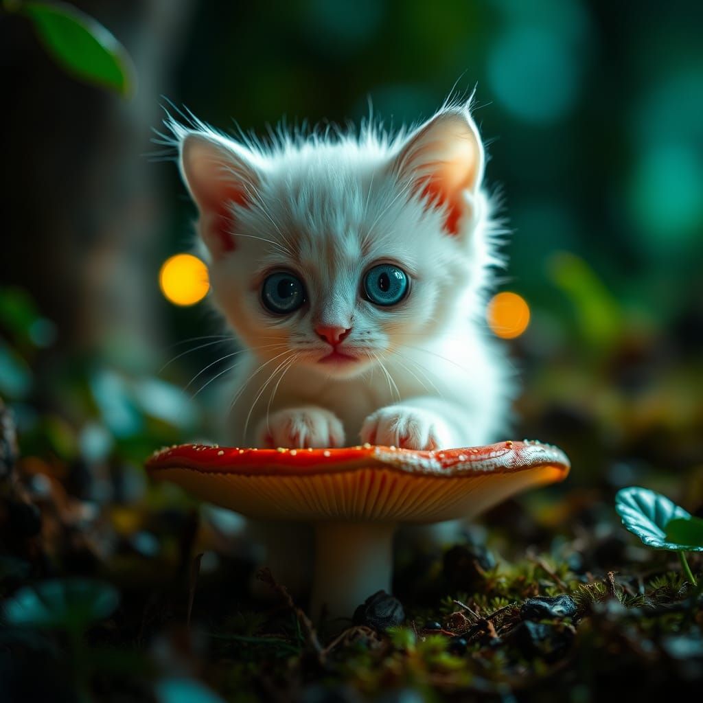 Ethereal Kitten on Mushroom, Whimsical Macro Photography