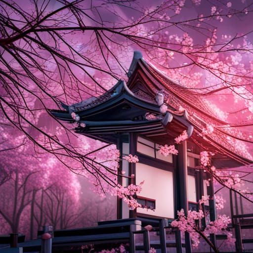 Japanese Temple Under Crescent Moon in Matte Painting Style