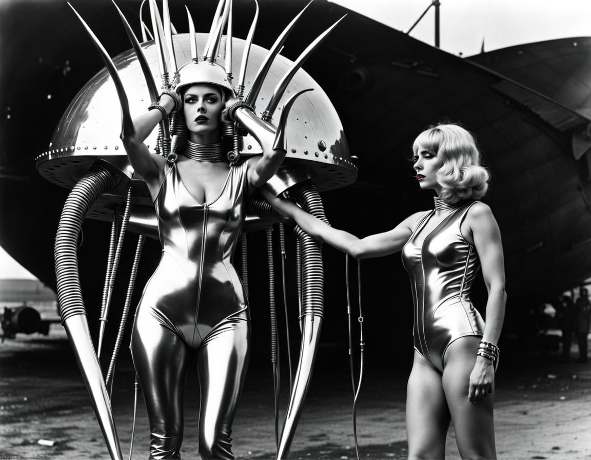 Androids Presenting Futuristic Device in Retrofuturism Style