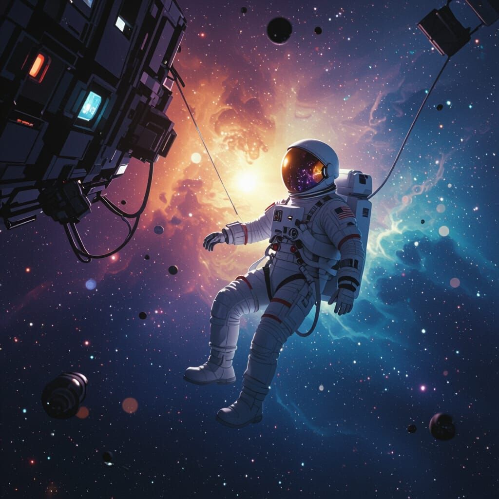 Astronaut Drifting Through Nebula in Futuristic Style