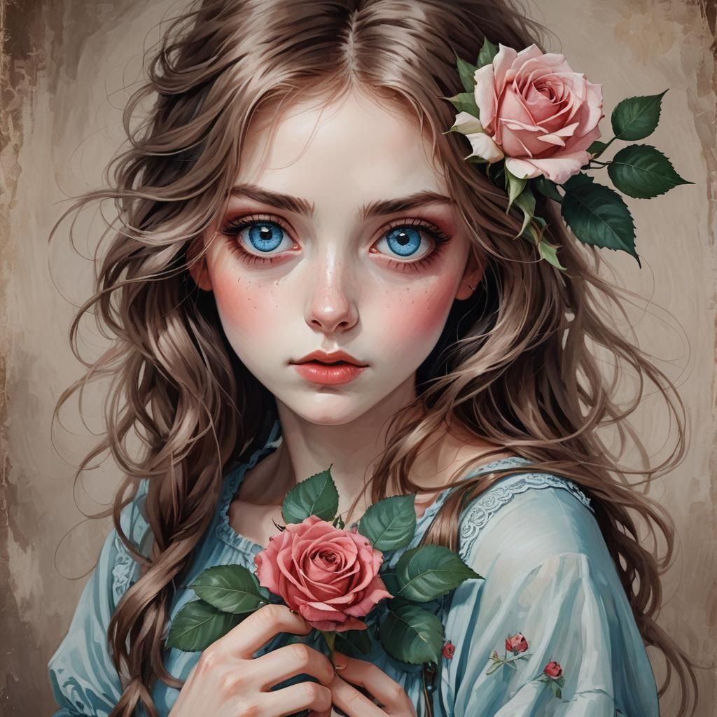 Girl with Blue Eyes Holding a Rose