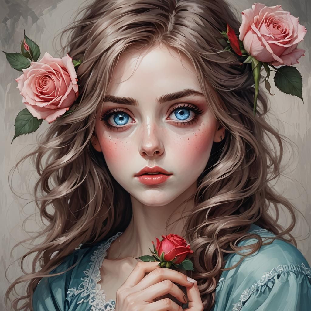 Girl with Blue Eyes Holding a Rose