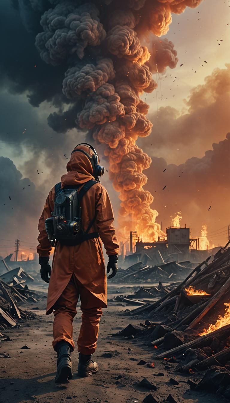 Post-Apocalyptic Figure Walks Towards Fiery Horizon
