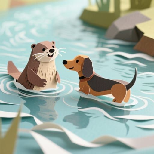 Whimsical Otter and Dachshund in Papercraft River Scene