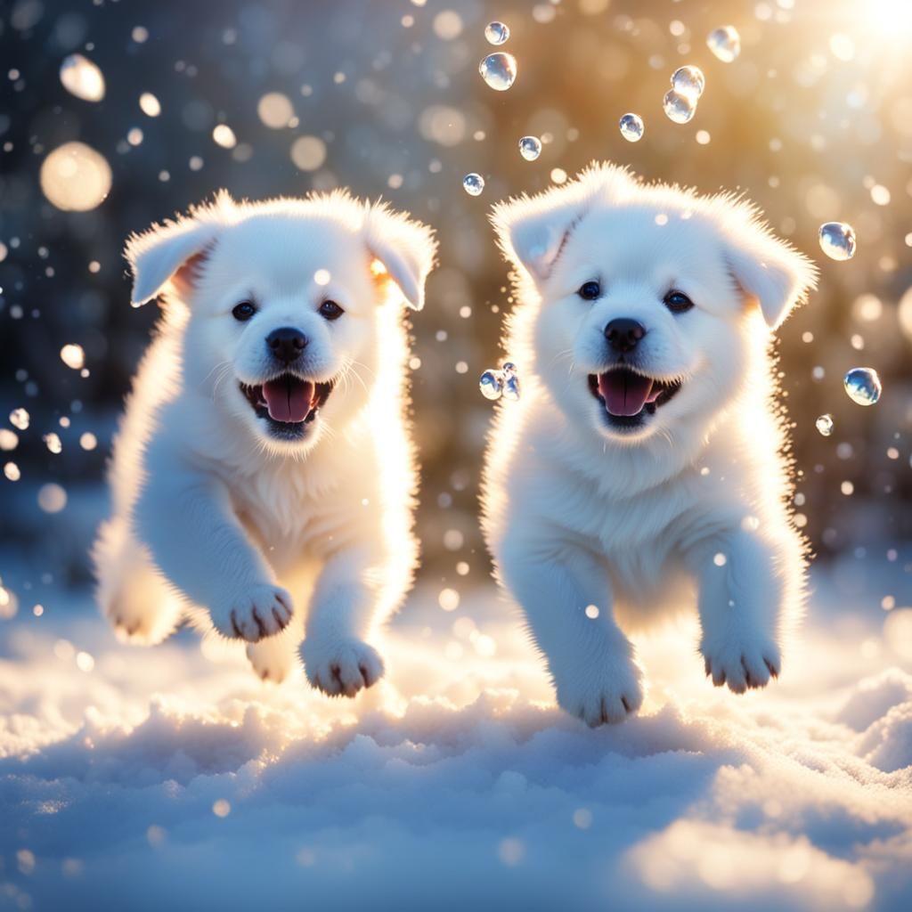 Joyful Diamond Puppies Playing in Dewdrops