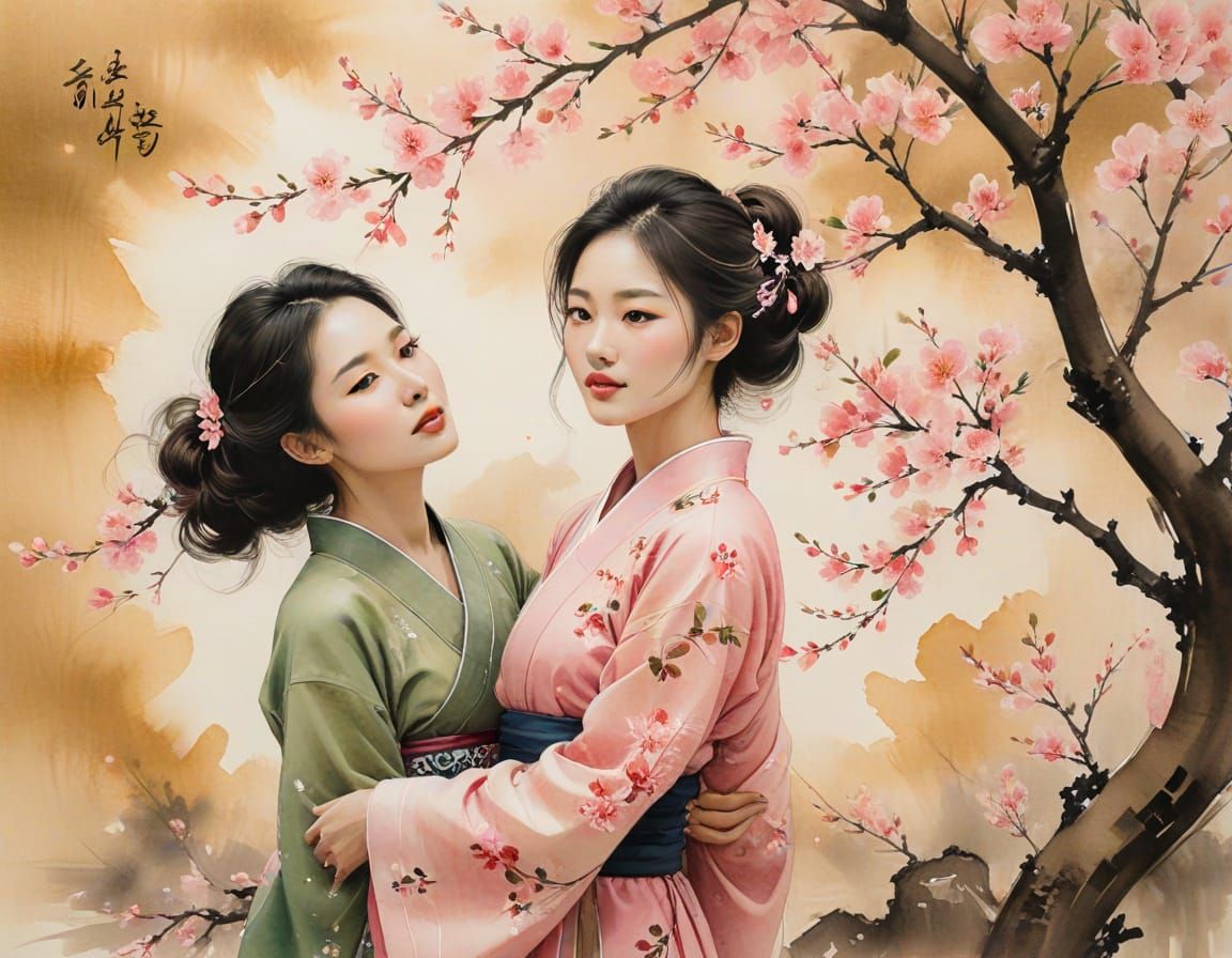 Korean Woman Under Cherry Blossoms in Ink Wash Style