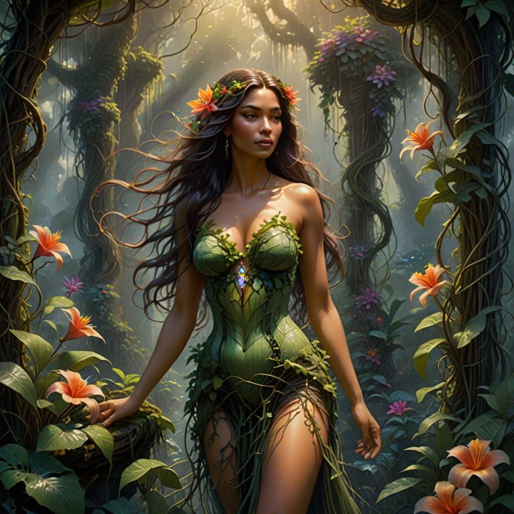 Ethereal Fantasy Woman in Mystical Jungle