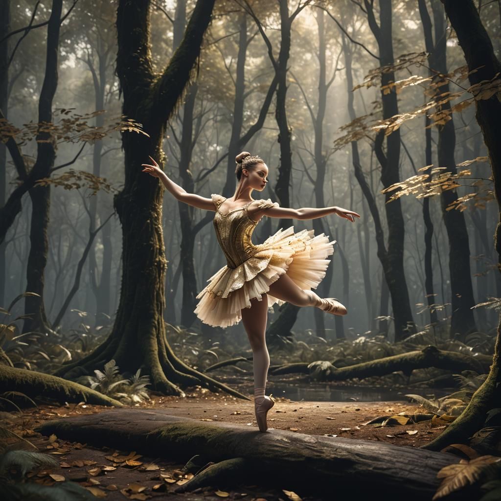 Ballerina Dancing en Pointe in Dark Forest