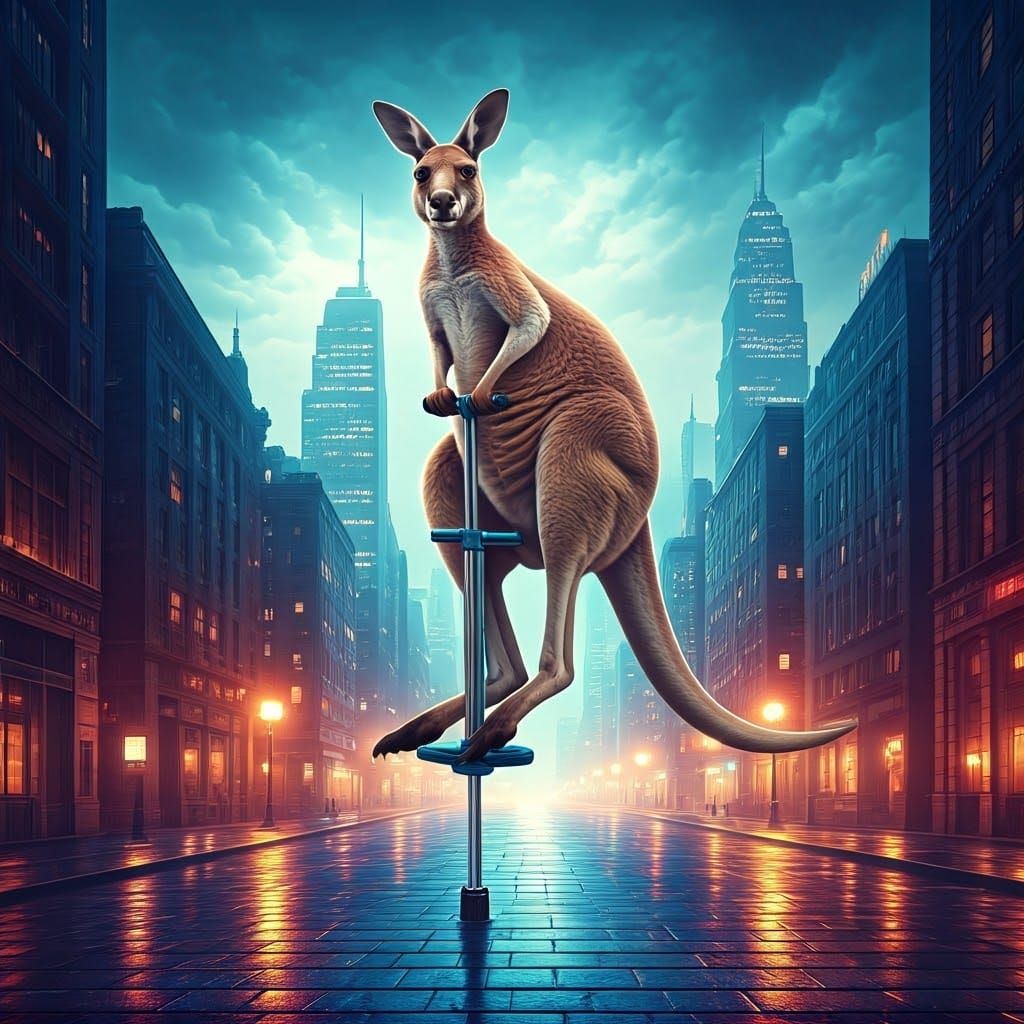 Cyberpunk Kangaroo Leaps Through Dreamy Cityscape