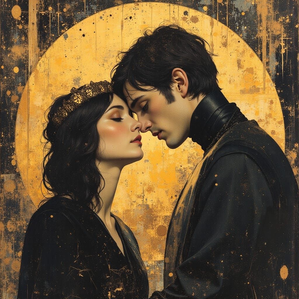 Embracing Couple in Art Nouveau Style