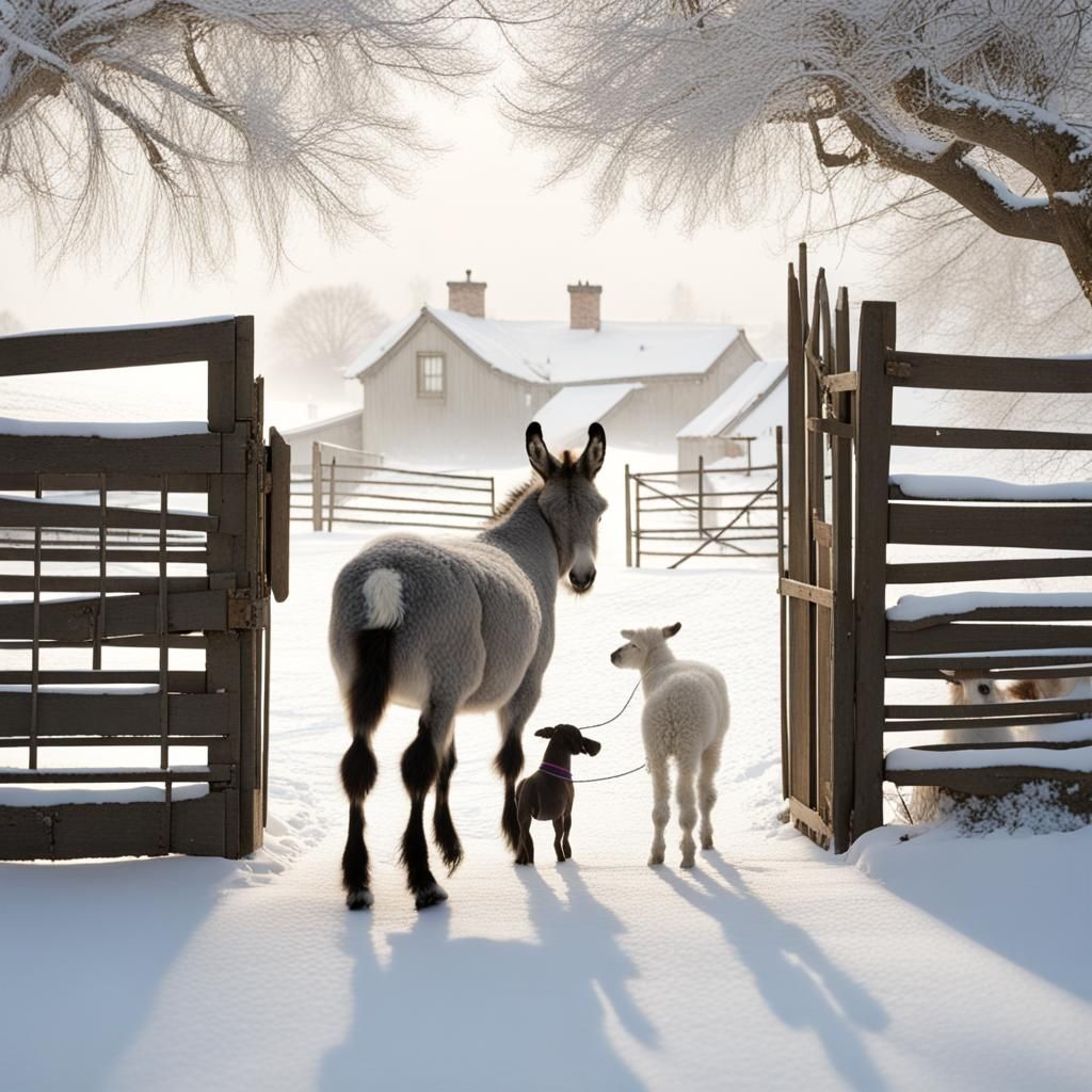 Donkey, Lamb, and Dog Meeting at Gate in Snow