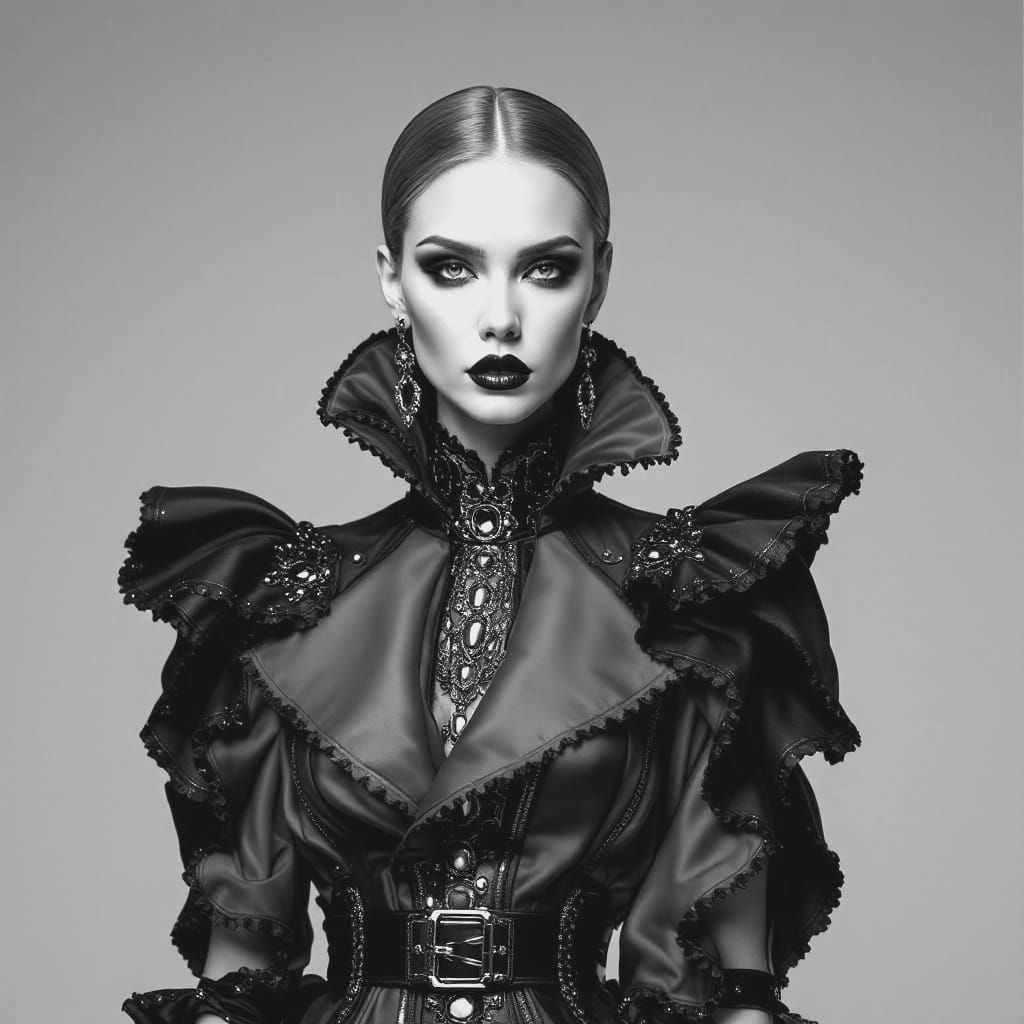 Surreal Rococo Punk Woman in Vibrant Blue and Black Gown