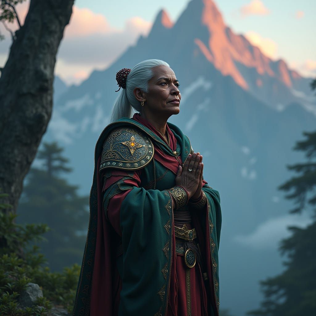 Elder Fantasy Warrior Surrounded by Majestic Mountains