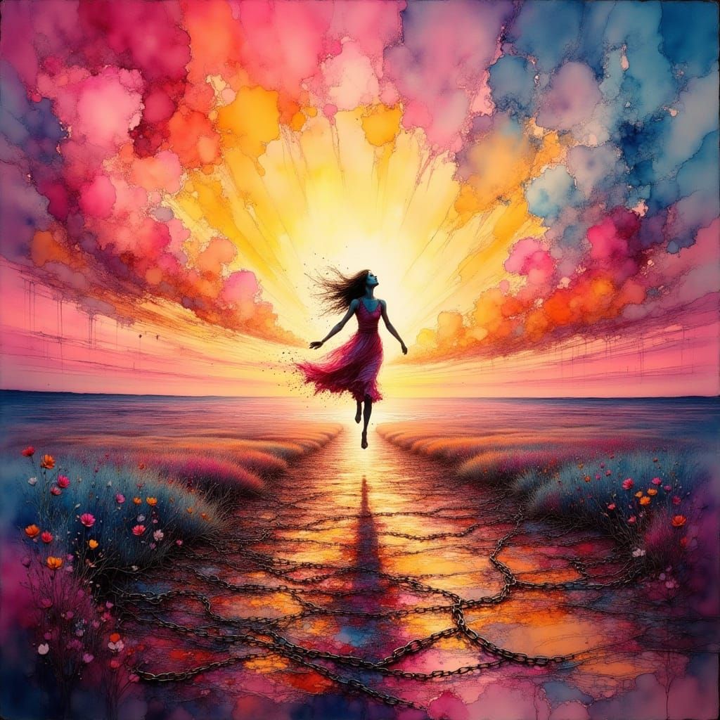 Figure Leaping to Freedom in Abstract Expressionist Style