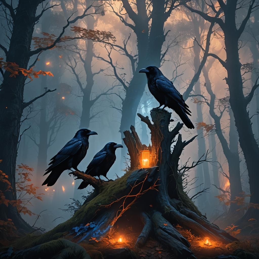 Ravens in Mystical Forest at Twilight: Dark Fantasy Art