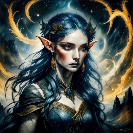 Ethereal Dark Elvish Goddess Under Starry Night