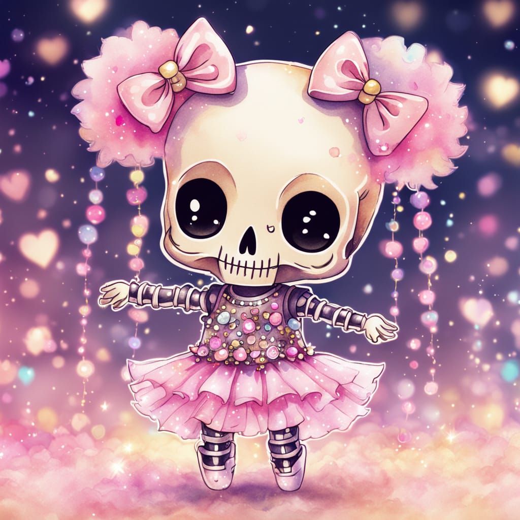 Charming Chibi Skull in Pastel Watercolor Style