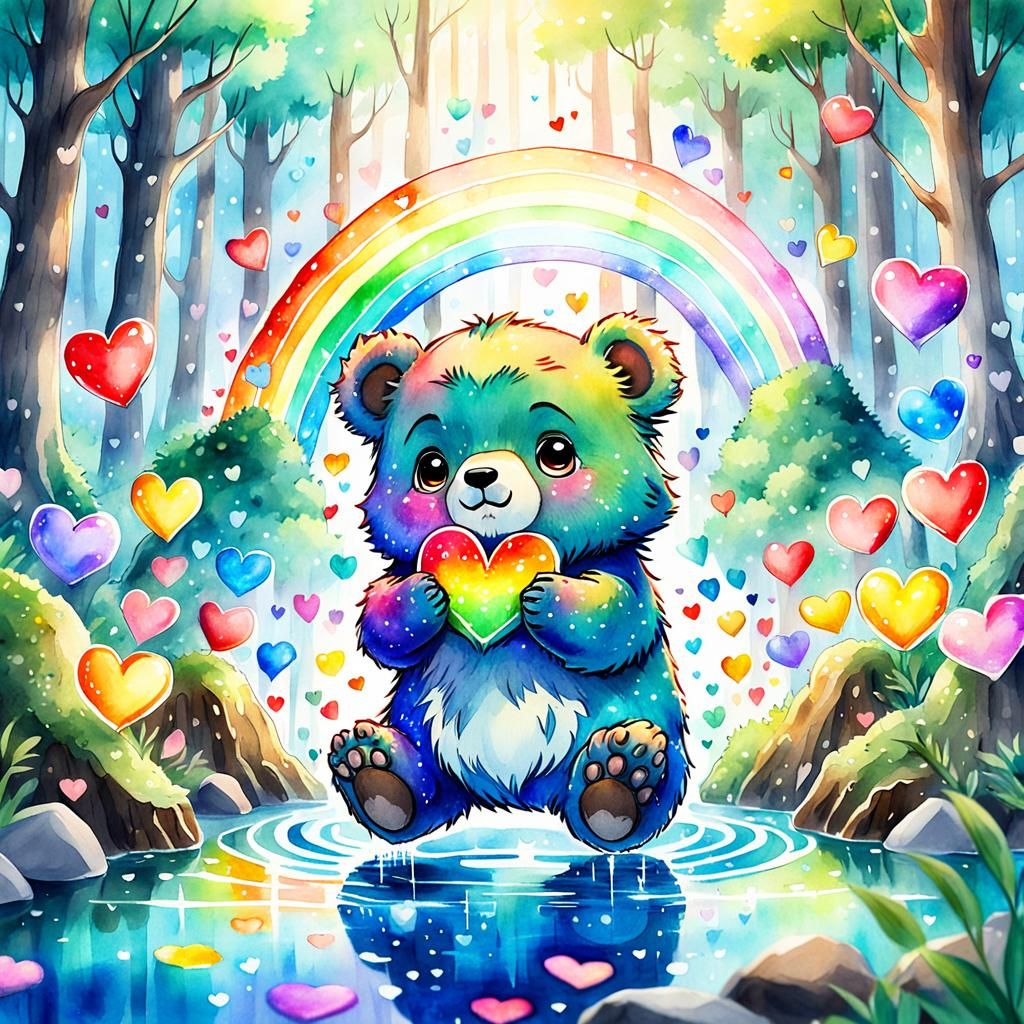 Chibi Baby Bear in Enchanted Forest, Watercolor Style