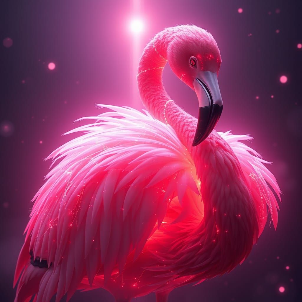 Glowing Pink Flamingo in Dreamlike Divine Scene