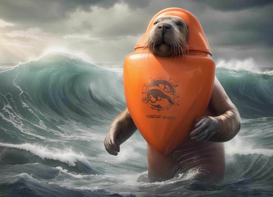 Hyperrealistic Walrus-Man Swims in Stormy Sea
