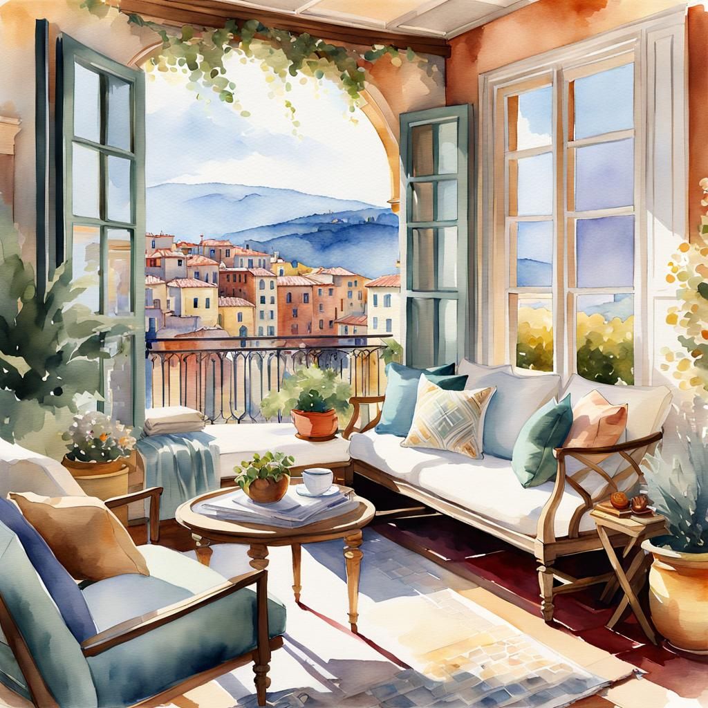 Italian Villa Exterior in Watercolor Style