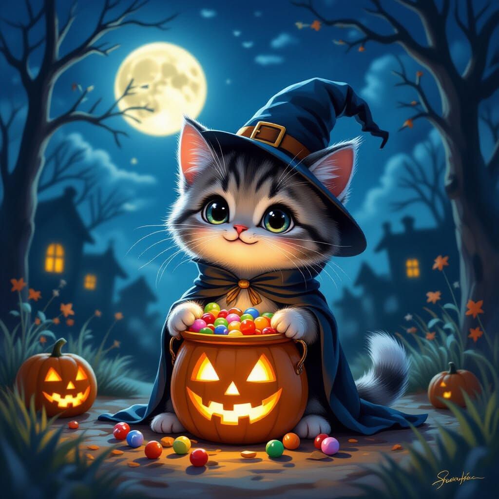 Halloween Creature With Candy Bucket Under Moonlight