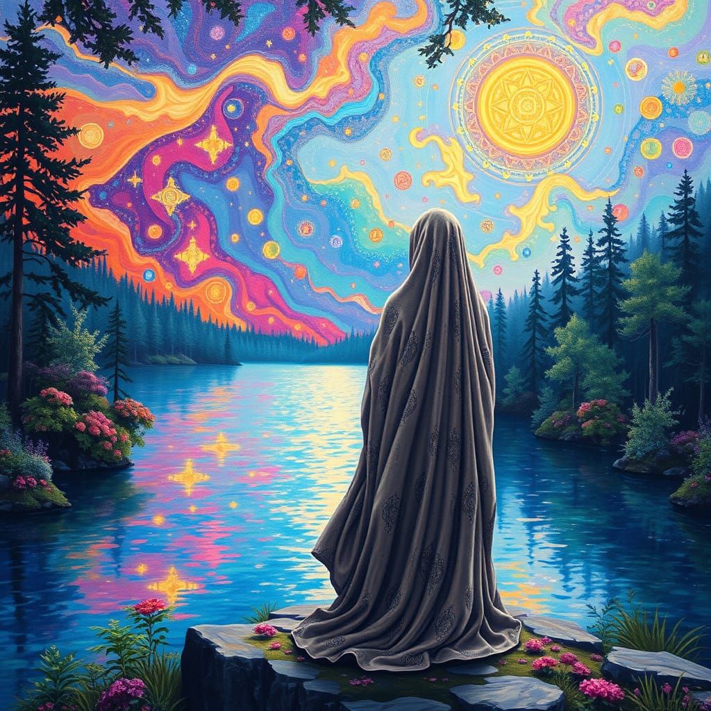 Ethereal Mystic Stands at Dreamlike Lake's Edge, Surrounded....