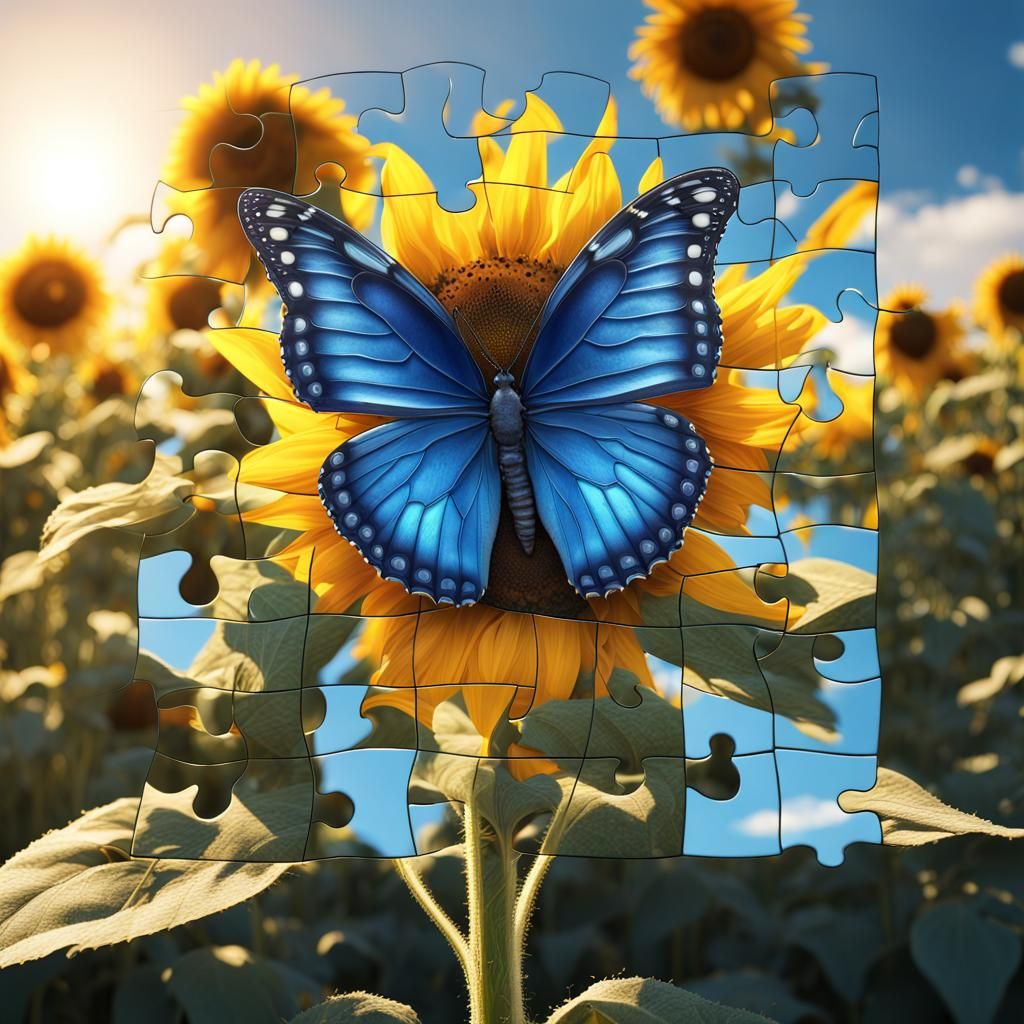 Blue Butterfly and Sunflower Puzzle Landscape