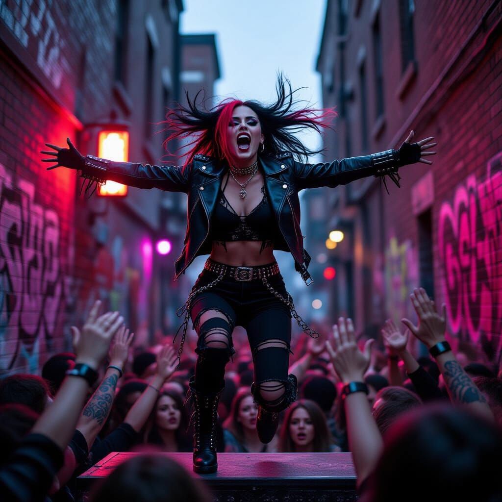 Goth Woman Stage Dive into Mosh Pit, Cinematic Style