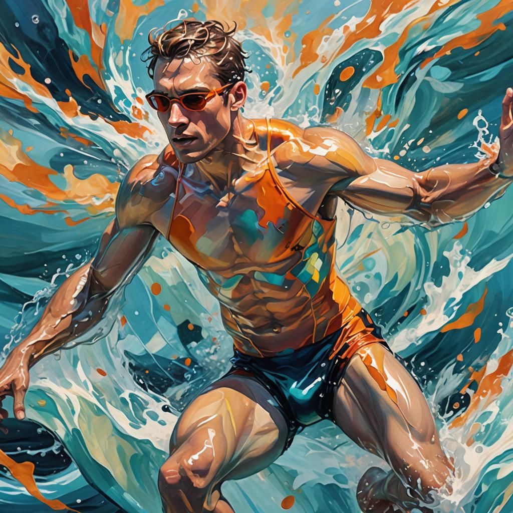 Paralyzed Swimmer's Power and Focus: Oil Painting