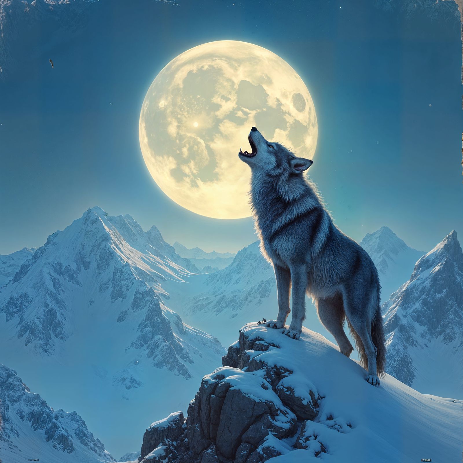 Wolf Howling at Moon, Atmospheric Landscape