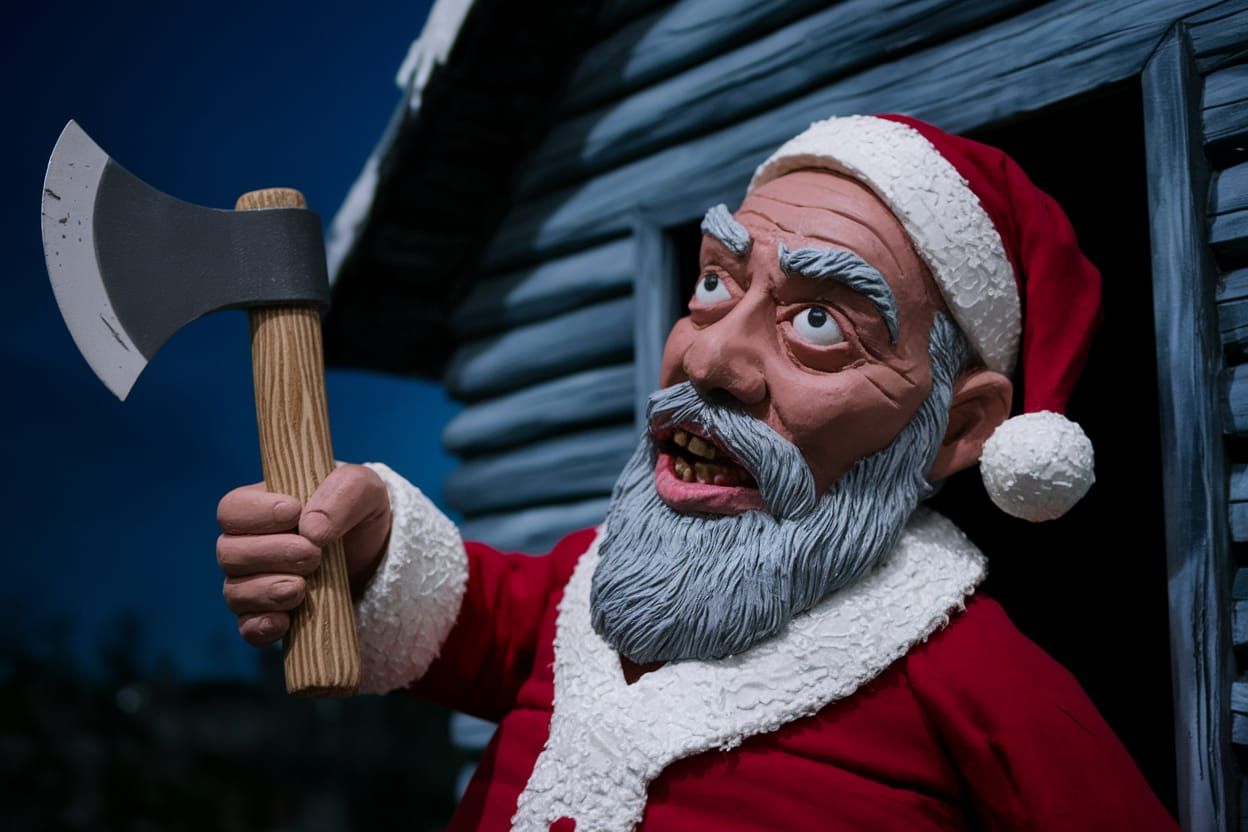 Deranged Santa Claus With Axe in Claymation Horror