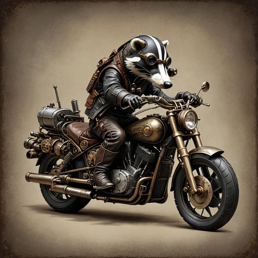 Steampunk Badger on Motorcycle with Goggles