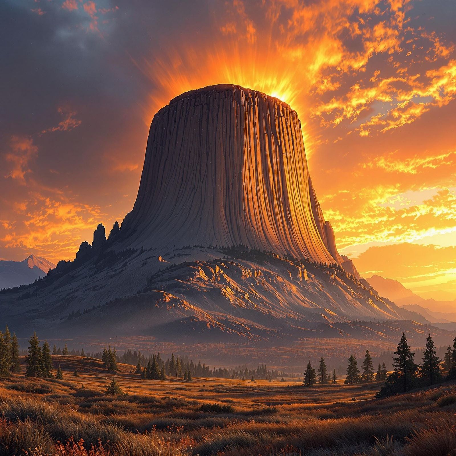Breathtaking Devils Tower Sunset in a Dramatic, Golden Light
