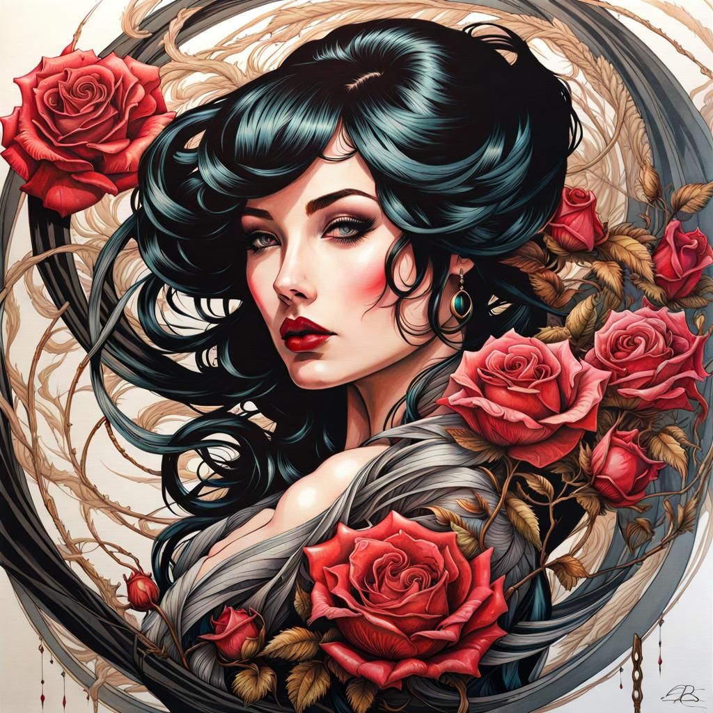 Gothic Pinup Girl with Rose Whip in Art Nouveau Style
