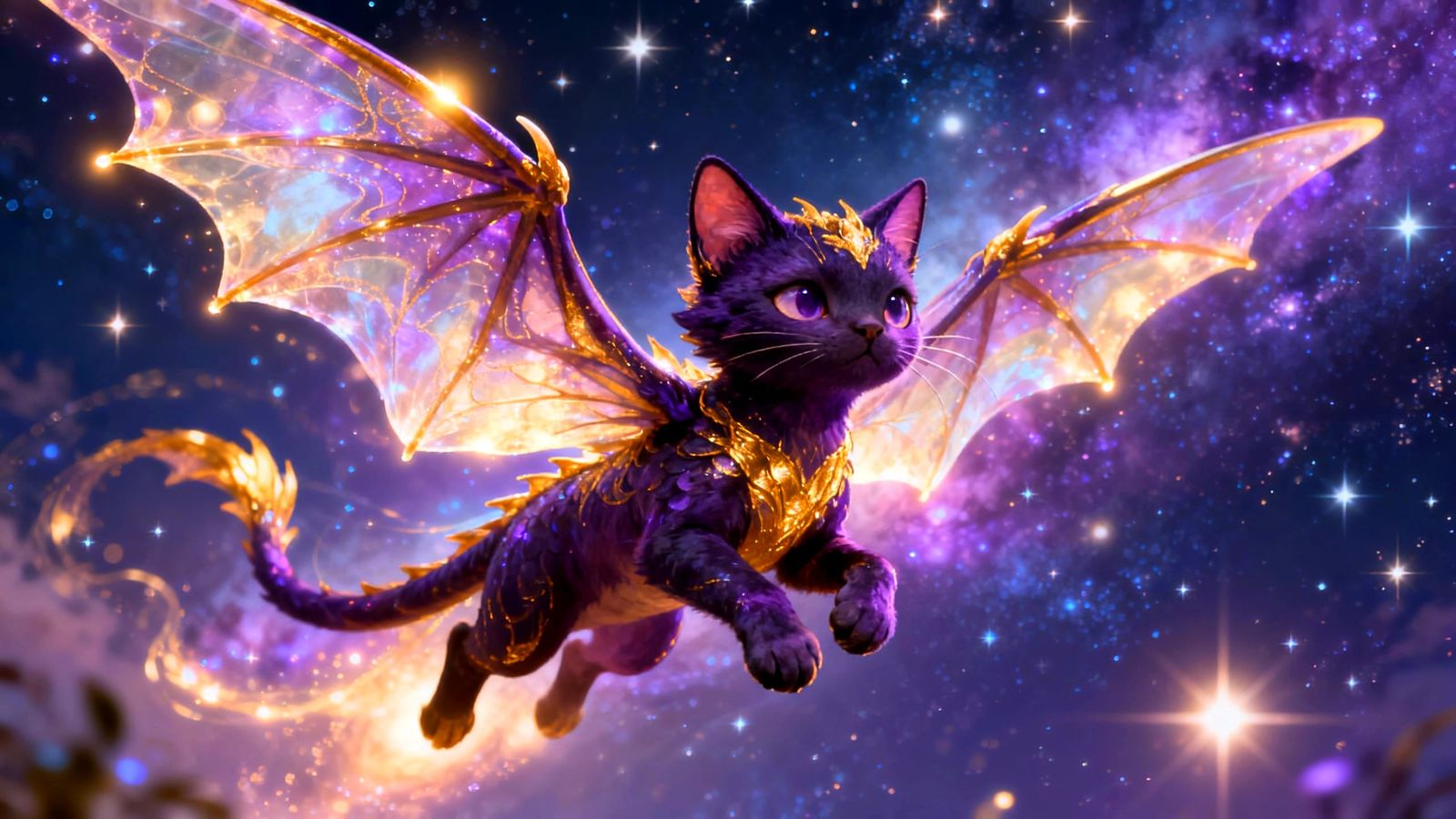 Cute Cat-Dragon Hybrid Flying in a Starry Galaxy