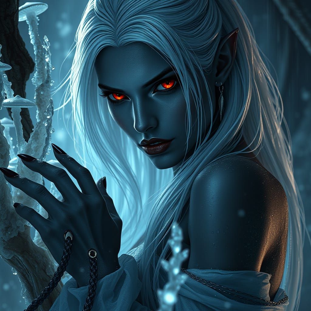 Ethereal white-haired drow woman, very dark gray skin, red eyes, clad in flowing, misty grey attire, posing seductivel, ...